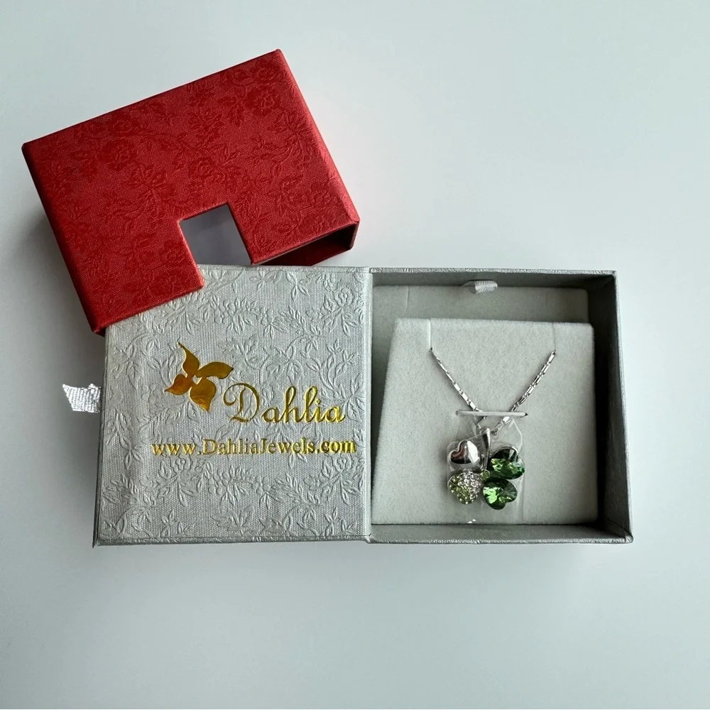 DAHLIA Four Leaf Clover Pendant Necklace Silver Tone Green Crystal Cz Heart Luck